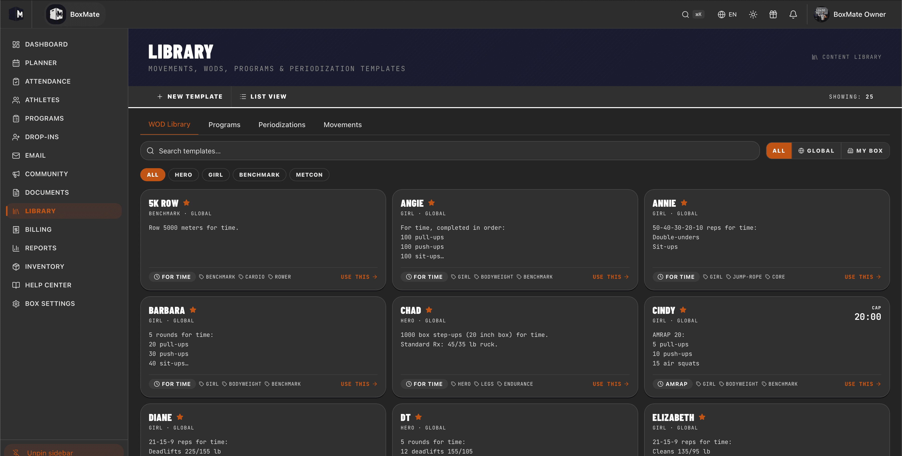 WOD Library screen