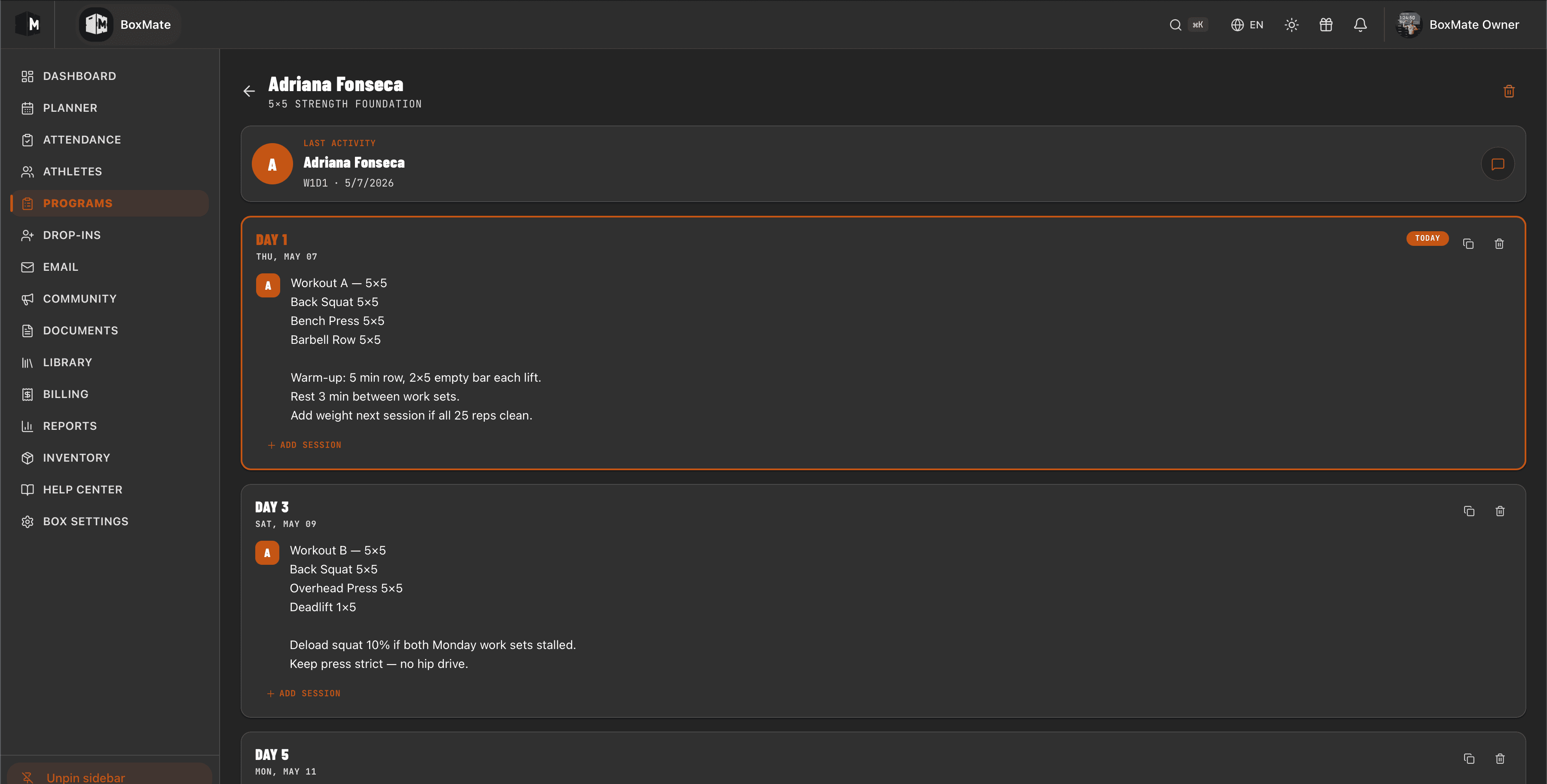 Programs screen