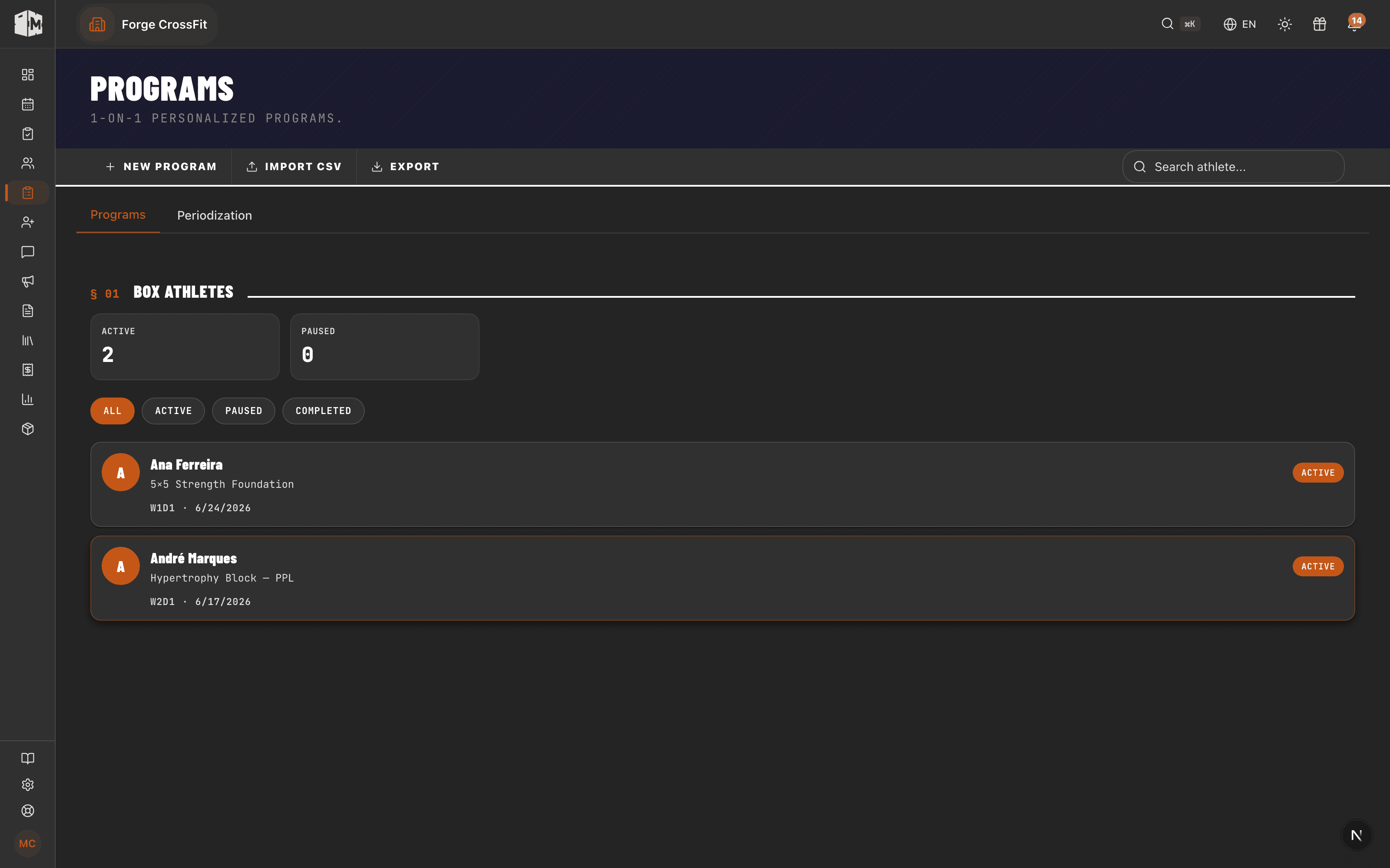 Programs screen